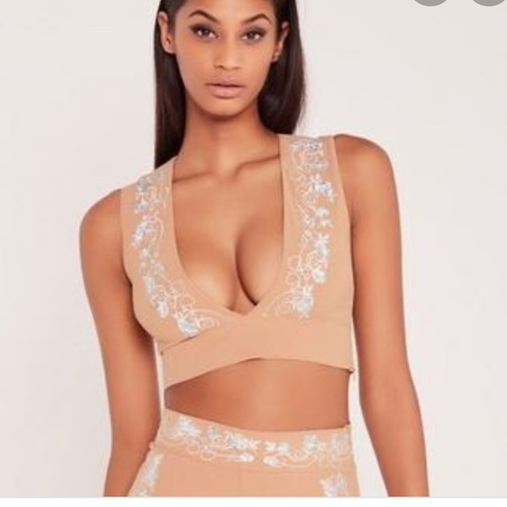 Missguided Nude Embroidered V-Neck Crop Top